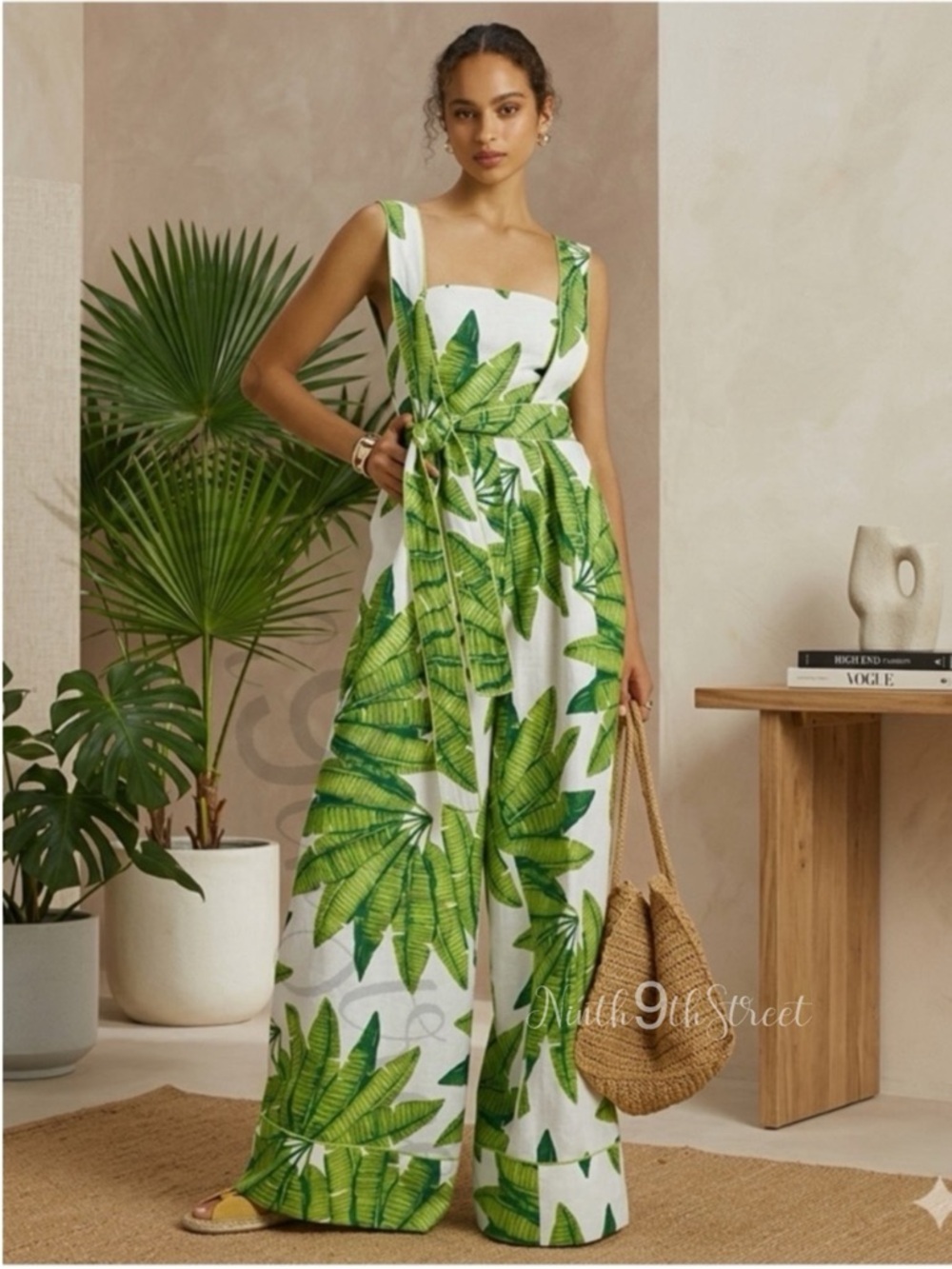 Farm Rio Off White Green Palm Fan Tropical Leaf Linen Jumpsuit Belted NWT Medium